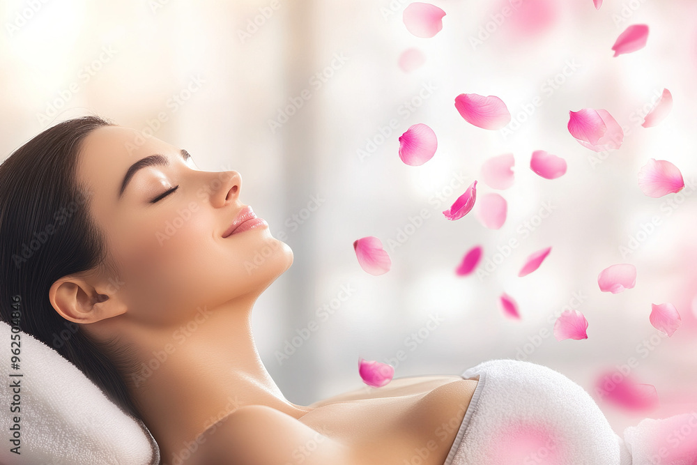 Naklejka premium Japanese Beauty Enjoying a Tranquil Spa Session on a Massage Table with White Background and Pink Petals, Perfect for Skin Care and Relaxation