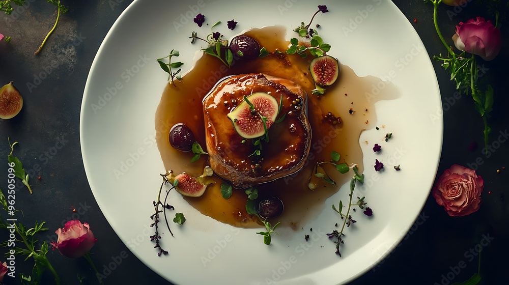 Gourmet Fig and Cherry Glazed Meat with Herbs on White Plate Gourmet Fig and Cherry Glazed Meat with Herbs on White Plate