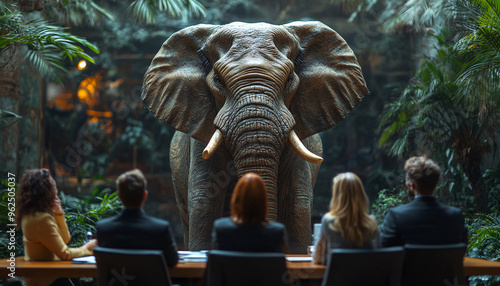 Business people addressing the elephant in the room during a meeting in the conference room, metaphor.