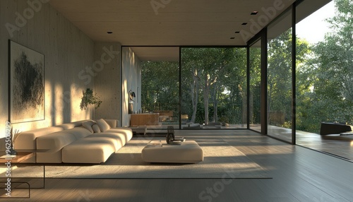 Modern Living Room with Large Windows and Minimalist Decor