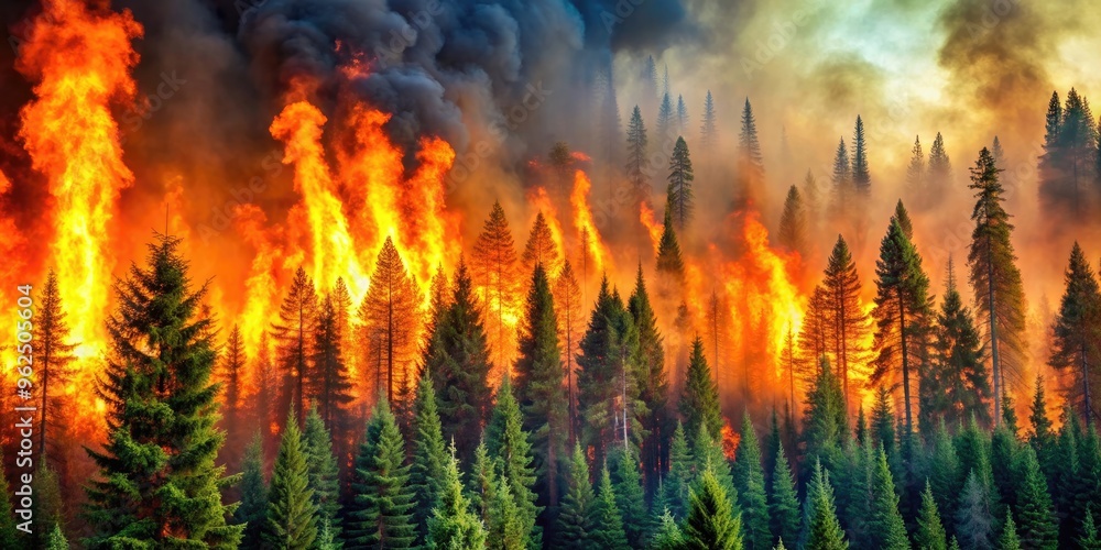 A large forest of coniferous trees engulfed in flames, wildfire, forest fire, conflagration, burning A large forest of coniferous trees engulfed in flames, wildfire, forest fire, conflagration, burning