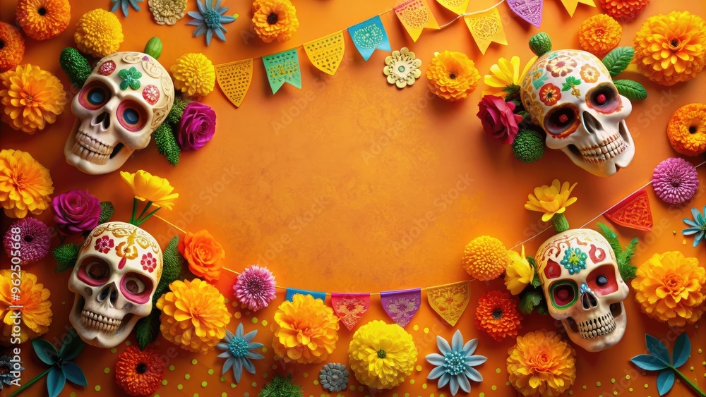 Colorful Day of the Dead celebration background with vibrant sugar skulls Colorful Day of the Dead celebration background with vibrant sugar skulls