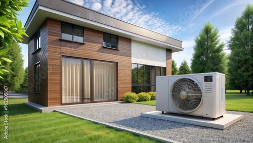 Air heat pump unit beside modern house, rendering, air heat pump, house, exterior