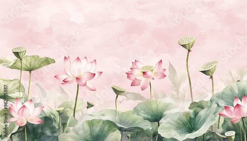 Fototapeta Naklejka Na Ścianę i Meble -  A serene watercolor scene featuring blooming lotus flowers and lush green leaves against a soft pink background.