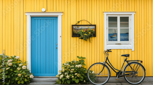 Front view of the blue door to the right on the yellow house wall, with a bicycle parked beside it