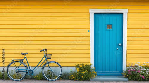 Front view of the blue door to the right on the yellow house wall, with a bicycle parked beside it