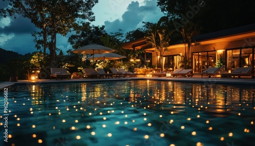 Nighttime View of a Pool with Lights Reflecting on the Water photo