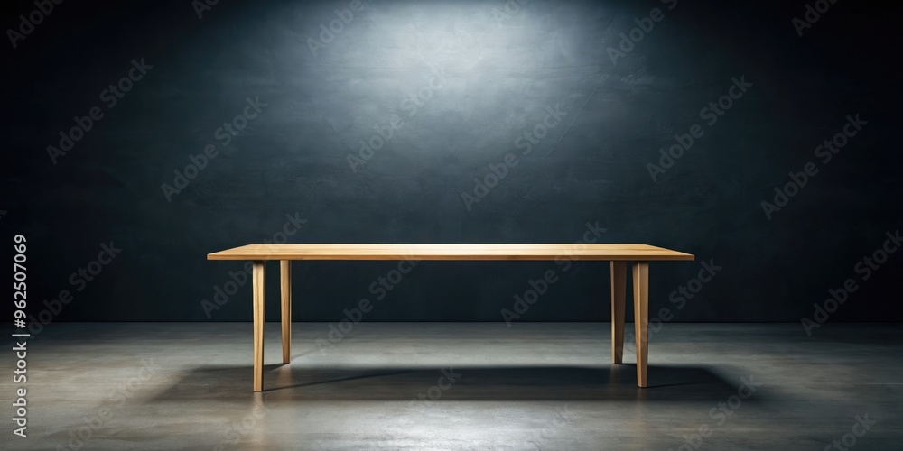 Empty rectangular table on gray floor against black background in minimalist style, rendering, empty, table, rectangular Empty rectangular table on gray floor against black background in minimalist style, rendering, empty, table, rectangular