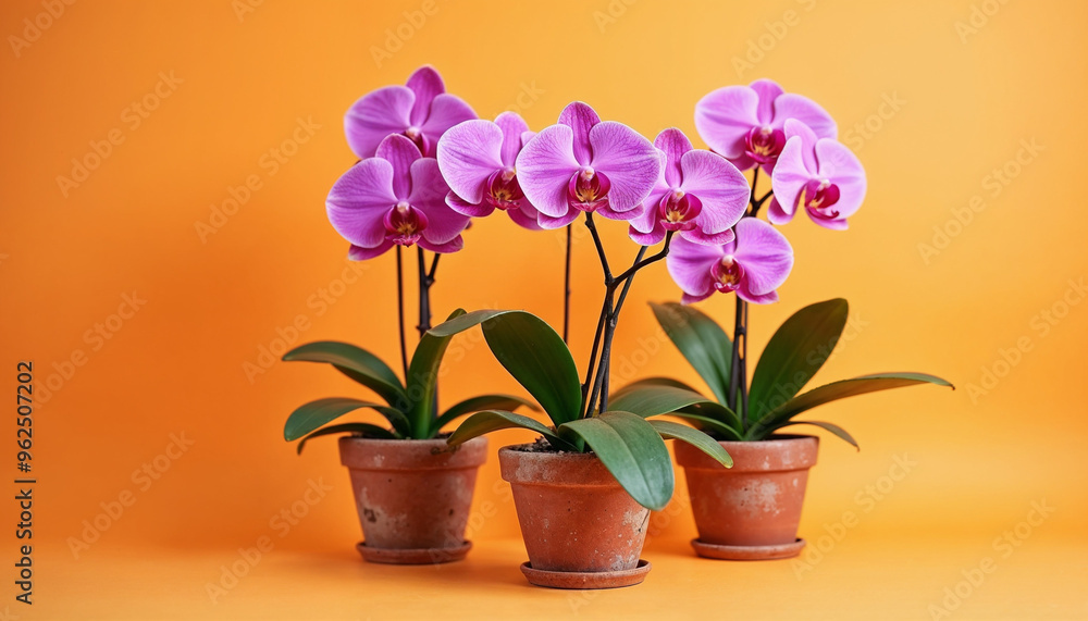 purple orchid plant in pots, isolated orange background
purple orchid plant in pots, isolated orange background