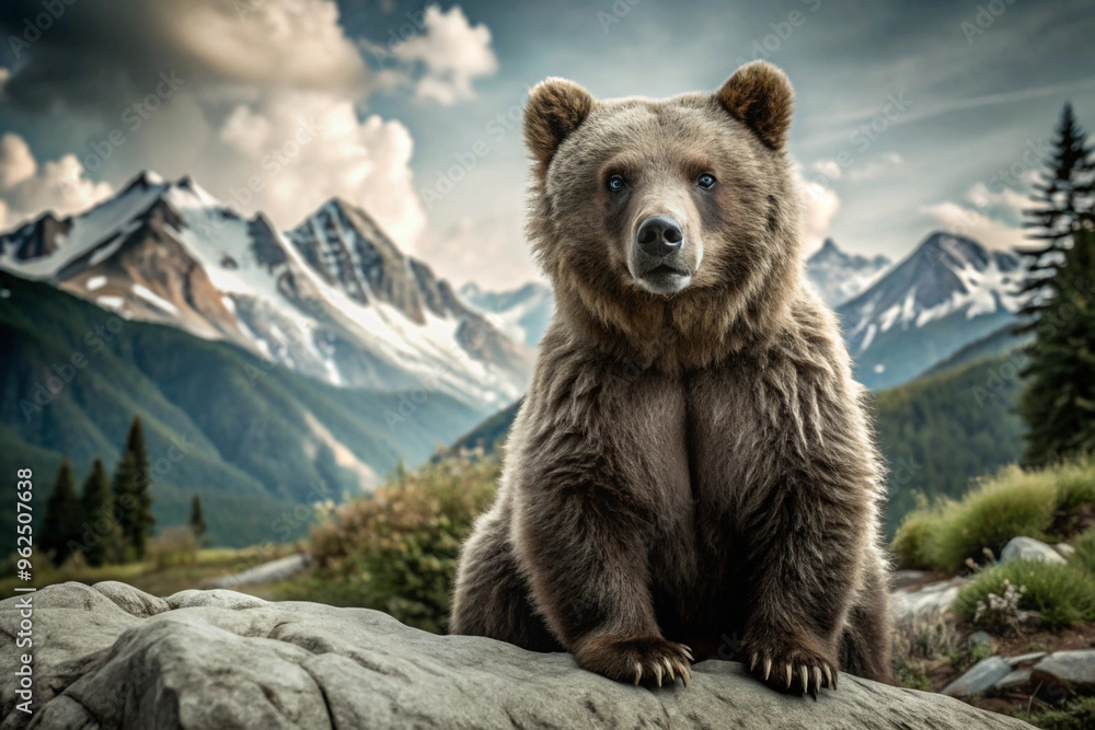 Fototapeta premium Grizzly Bear Sitting on Rock in Front of Snowy Mountains
