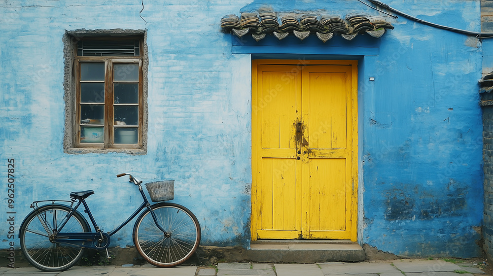 Front view of the yellow door to the right of the picture on the blue house wall, with a bicycle parked beside it. in china Front view of the yellow door to the right of the picture on the blue house wall, with a bicycle parked beside it. in china