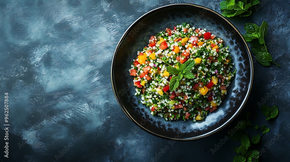 Tabbouleh Salad with Fresh Mint in Black Bowl Tabbouleh Salad with Fresh Mint in Black Bowl
