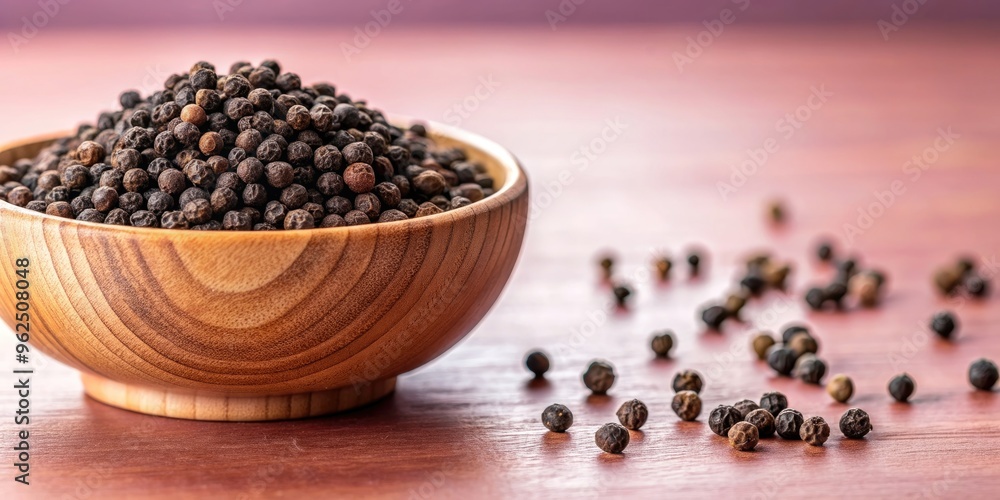Close-up of wooden bowl filled with black pepper peas, with a few peas scattered on a pink background, food Close-up of wooden bowl filled with black pepper peas, with a few peas scattered on a pink background, food