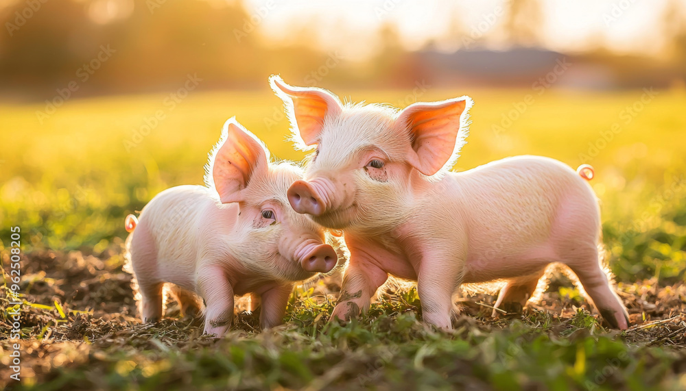 Two adorable piglets playfully interacting in a sunny, grassy field, showcasing the charm of farm life. Two adorable piglets playfully interacting in a sunny, grassy field, showcasing the charm of farm life.