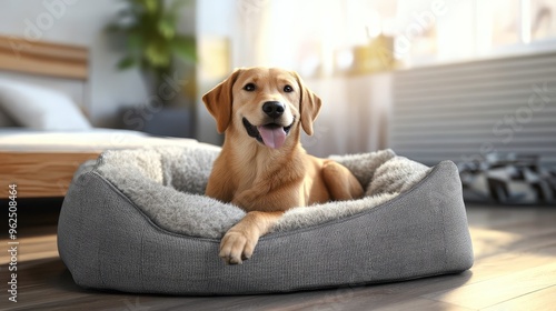 Happy Dog Relaxing in Comfortable Pet Bed