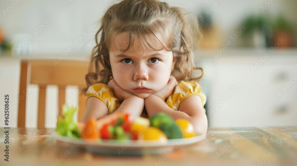 A child sits at a kitchen table, resting her chin on her arms while gazing sadly at a plate of vegetables in front of her A child sits at a kitchen table, resting her chin on her arms while gazing sadly at a plate of vegetables in front of her