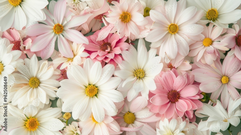 Numerous pink and white daisies bloom and fill the green space, creating a beautiful display during springtime Numerous pink and white daisies bloom and fill the green space, creating a beautiful display during springtime