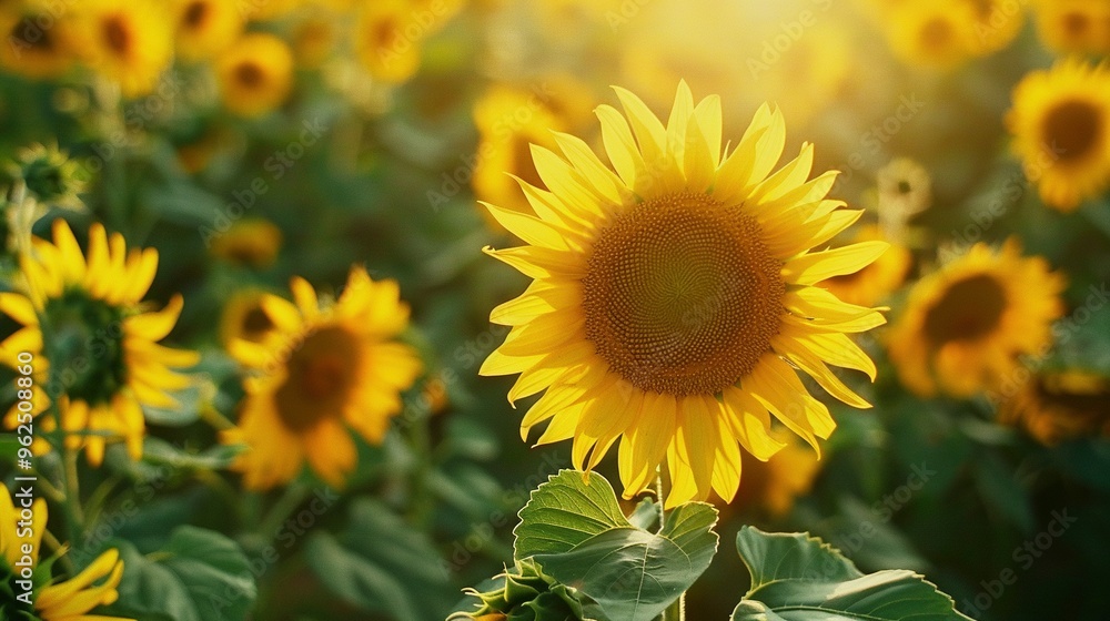 Field of Sunflowers in Full Bloom During Summer