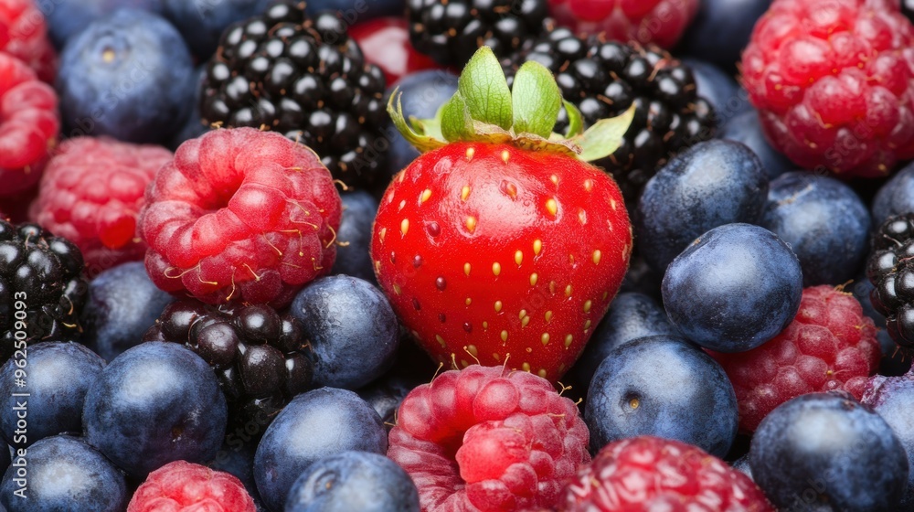 An inviting collection of assorted berries including ripe strawberries, succulent blueberries, tart raspberries, and sweet blackberries An inviting collection of assorted berries including ripe strawberries, succulent blueberries, tart raspberries, and sweet blackberries