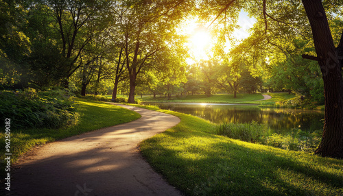 A serene park scene with a winding path beside a tranquil lake, illuminated by warm sunlight filtering through trees.