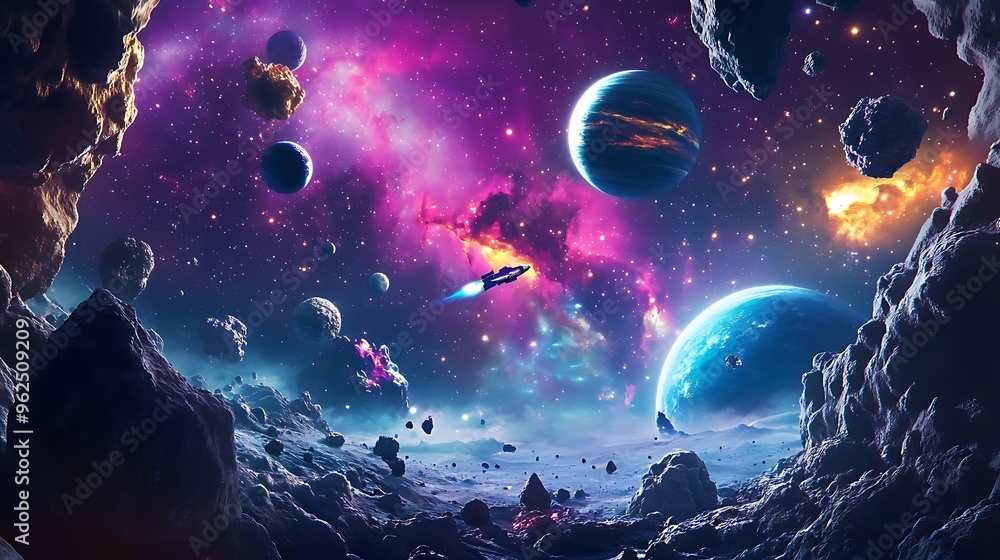Spaceship Flying Through Asteroid Field in Space Spaceship Flying Through Asteroid Field in Space