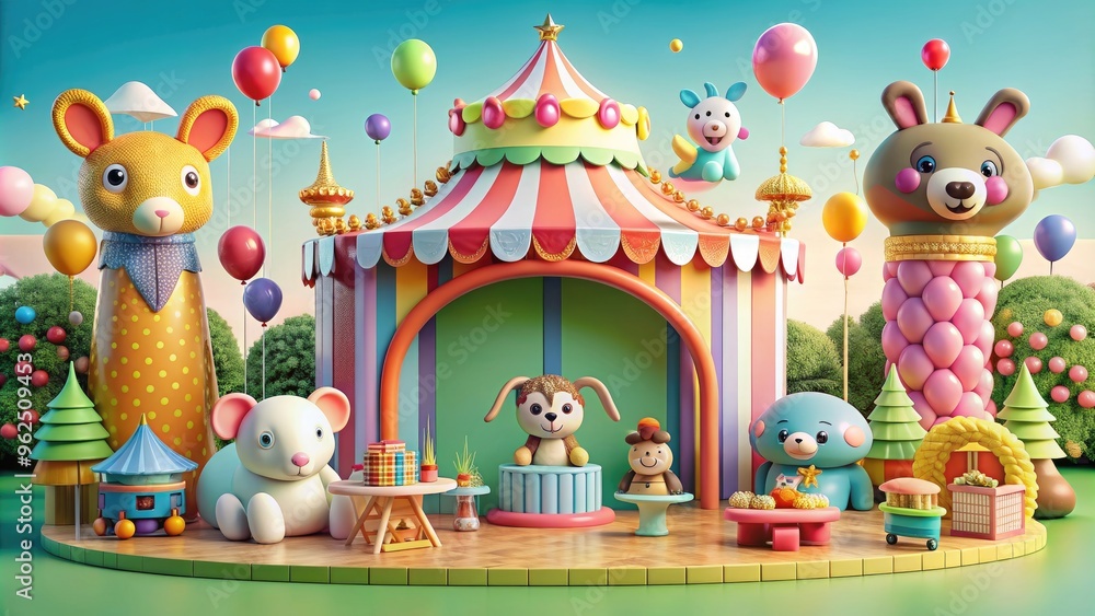 Fototapeta premium Whimsical Popmart-themed playground with adorable animals and oversized props, whimsical, Popmart