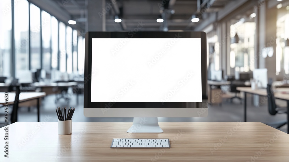 Modern office desk with a blank computer monitor, keyboard, and pencil holder. Modern office desk with a blank computer monitor, keyboard, and pencil holder.