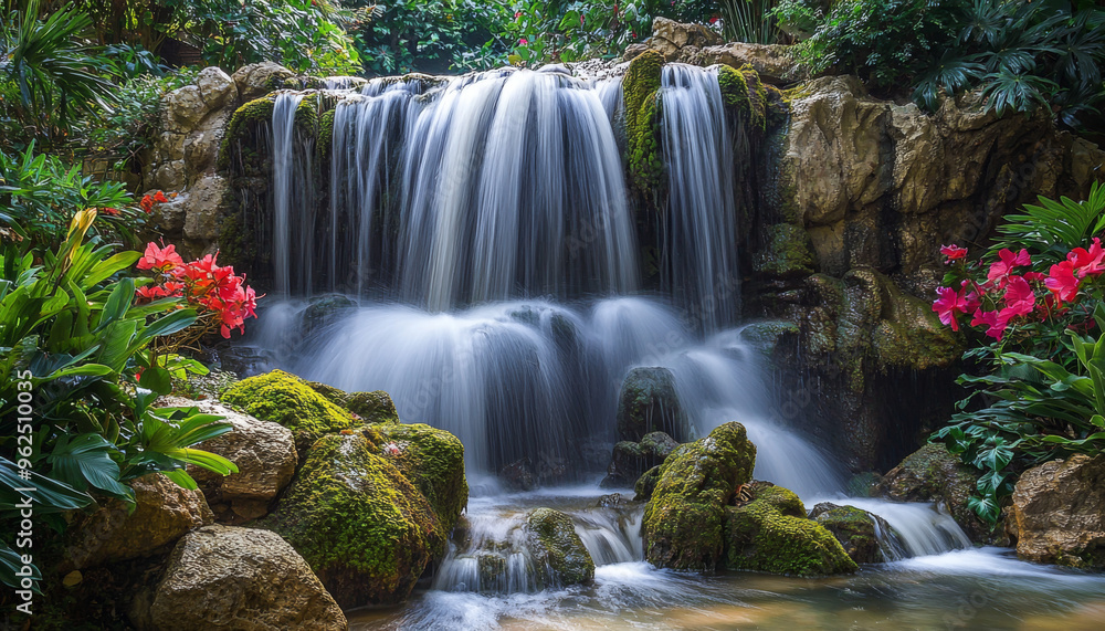 A serene waterfall cascades over rocks, surrounded by lush greenery and vibrant flowers, creating a tranquil natural scene. A serene waterfall cascades over rocks, surrounded by lush greenery and vibrant flowers, creating a tranquil natural scene.