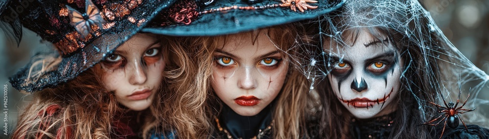 Creative Halloween costumes with a monster mash vibe, complemented by eerie spiders and delicate cobwebs, adding a creepy touch to the festive atmosphere Creative Halloween costumes with a monster mash vibe, complemented by eerie spiders and delicate cobwebs, adding a creepy touch to the festive atmosphere