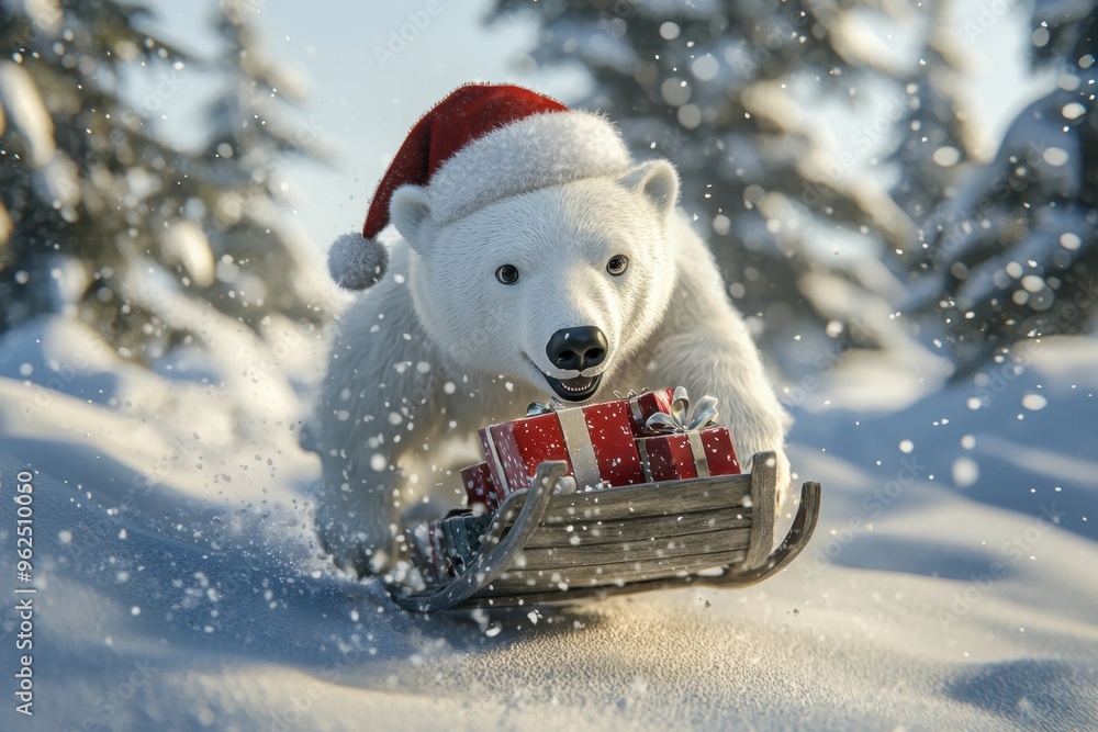 Polar Bear in Santa Hat Sledding with Gifts. Polar Bear in Santa Hat Sledding with Gifts.