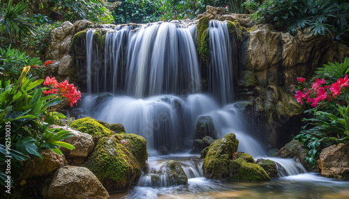A serene waterfall cascades over rocks, surrounded by lush greenery and vibrant flowers, creating a tranquil natural scene.