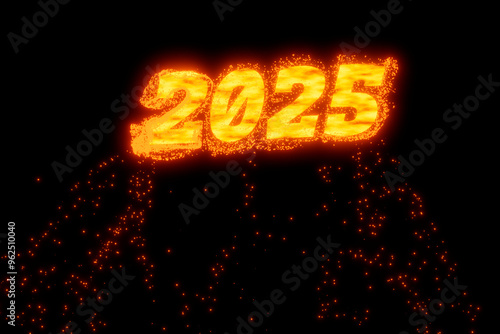 New year number 2025 floating with the help of particles that illuminate it in the dark rendered 3D numberg photo