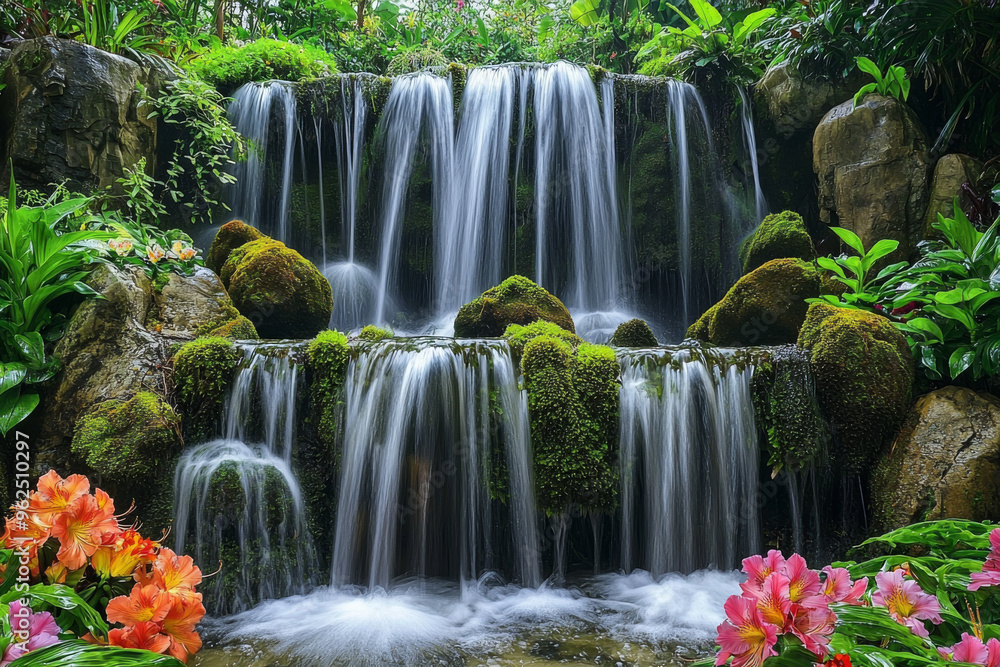 A serene waterfall cascading over mossy rocks, surrounded by lush greenery and vibrant flowers, creating a tranquil nature scene. A serene waterfall cascading over mossy rocks, surrounded by lush greenery and vibrant flowers, creating a tranquil nature scene.