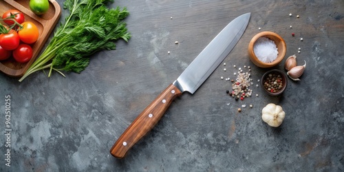 Stainless steel knife with wood handle next to ingredients on table against concrete background , kitchen, cooking photo