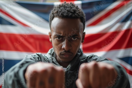 Young man gaze pierces image demanding attention. Captured urban setting this somali man looks both strong and confrontational. British Public Questions Effectiveness of Immigration Laws. photo