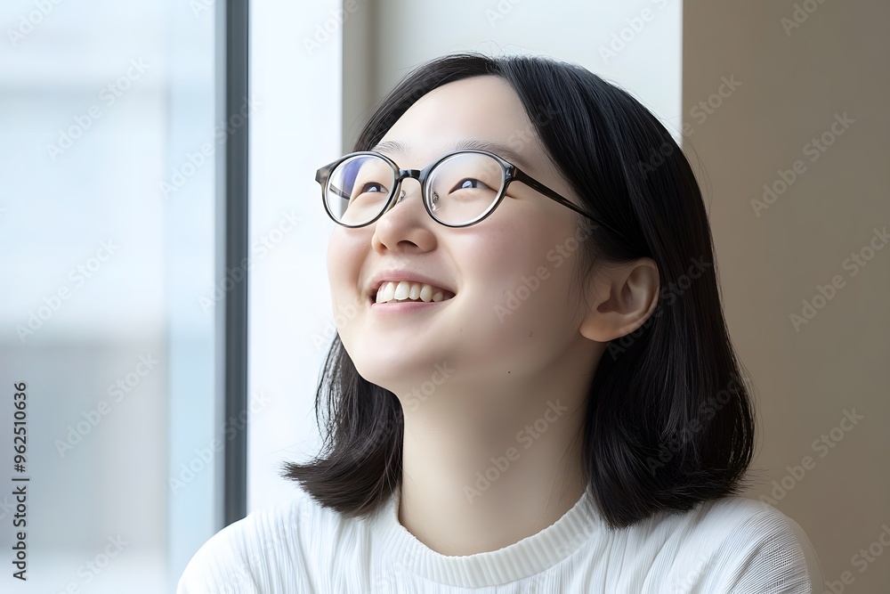 Happy Young Woman Looking Up with Window Background Happy Young Woman Looking Up with Window Background