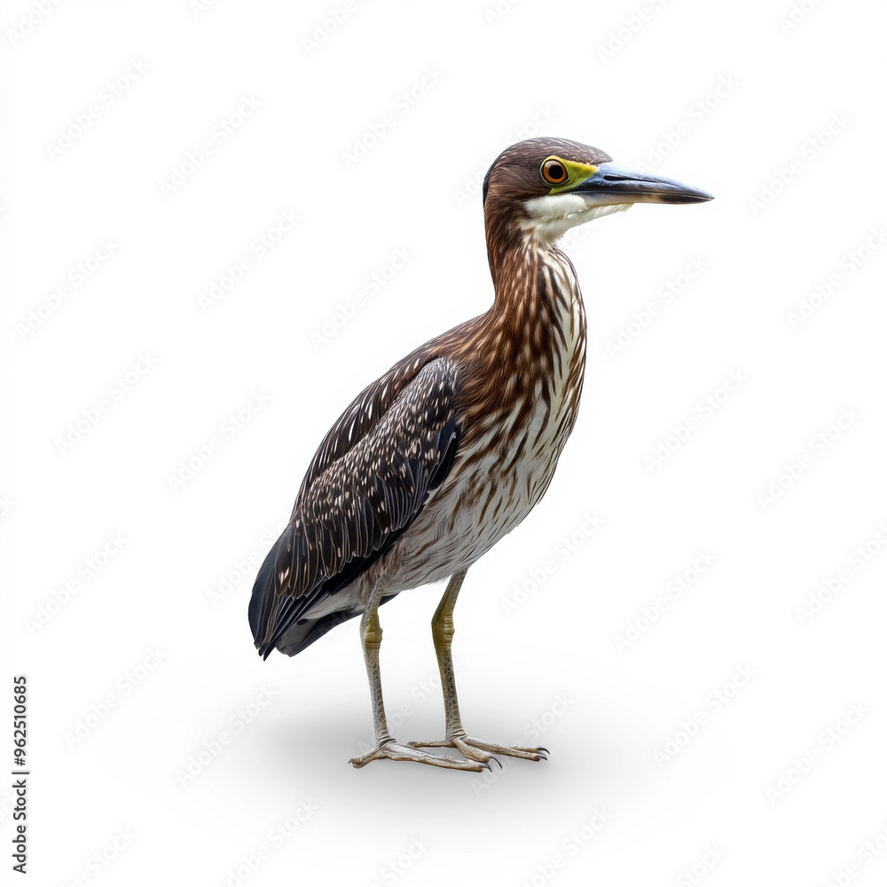 A solitary green heron with a brown body and long beak, standing against a clean white background in profile. A solitary green heron with a brown body and long beak, standing against a clean white background in profile.