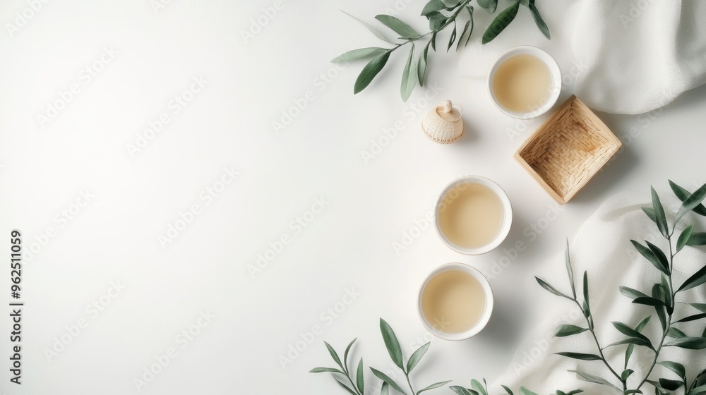 Teacups, Olive Branches, and Woven Basket on White Background Teacups, Olive Branches, and Woven Basket on White Background