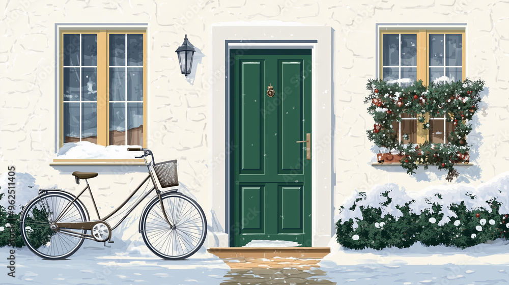 illustration of Front view of the green door on the right side of the picture on the white wall of the house in a Christmas and a bicycle parked beside it. illustration of Front view of the green door on the right side of the picture on the white wall of the house in a Christmas and a bicycle parked beside it.