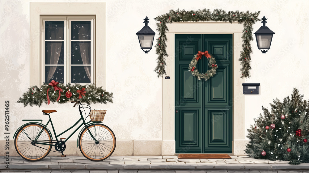 illustration of Front view of the green door on the right side of the picture on the white wall of the house in a Christmas and a bicycle parked beside it. illustration of Front view of the green door on the right side of the picture on the white wall of the house in a Christmas and a bicycle parked beside it.