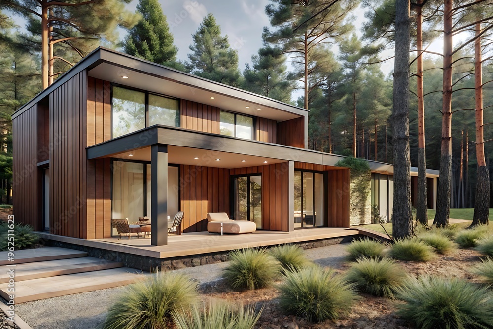 Fototapeta premium Visualization of a modern private house in the forest, Modern Minimalist Family Villa, cozy home. luxury real estate residential building concept.