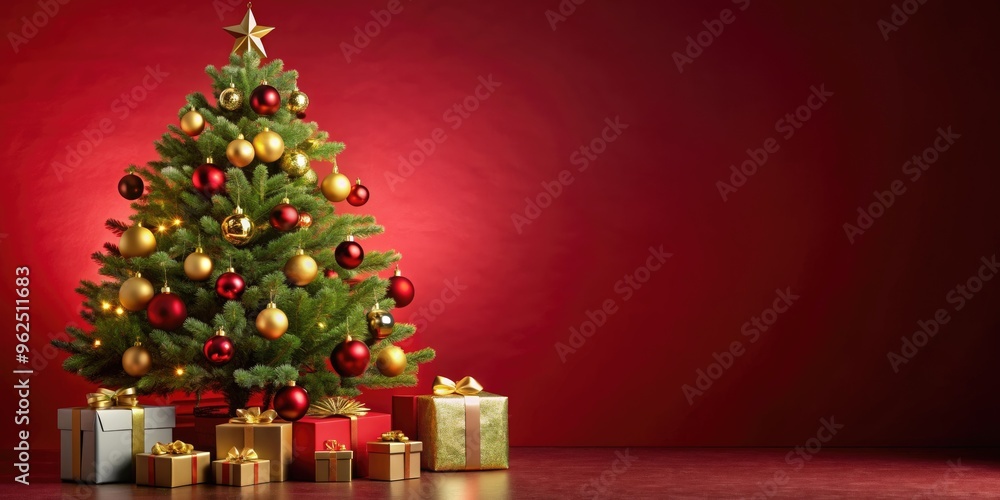 Obraz premium Festive Christmas tree with golden baubles and gifts on red background, ideal for holiday cheer , Christmas, tree, festive