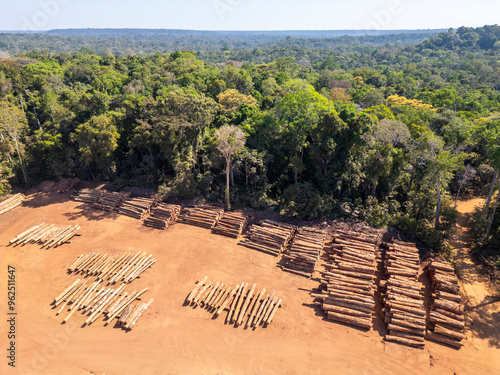 Aerial view of a logging yard in the Amazon rainforest: The yard is located in a clearing surrounded by dense forest. The logs are stacked in neat rows, and they are a variety of sizes and species. photo