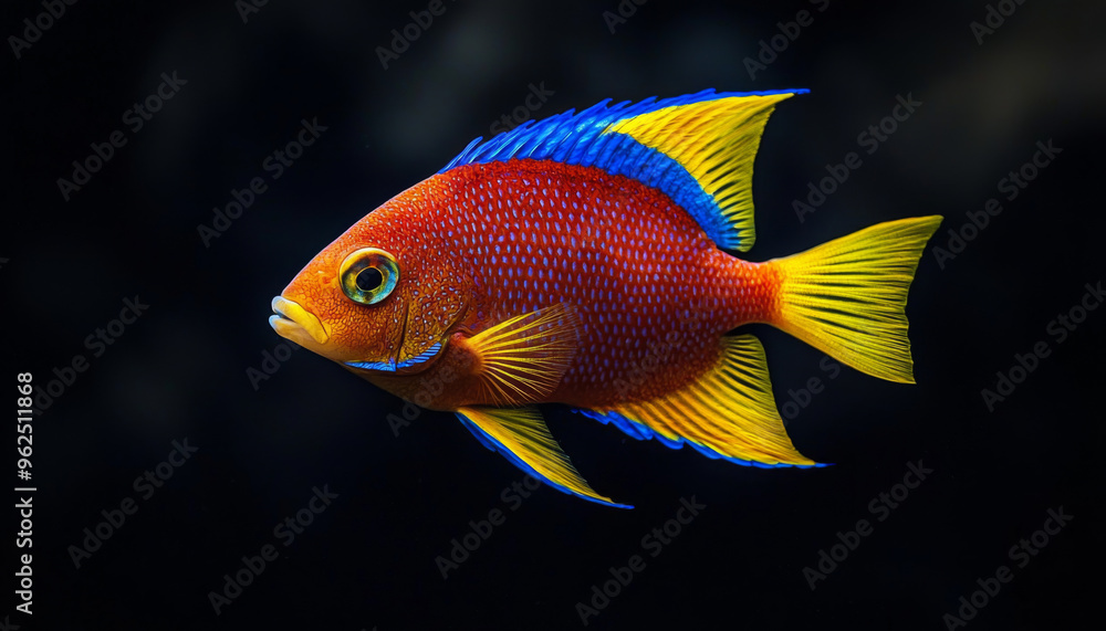 A vibrant orange and blue fish swimming gracefully against a dark background, showcasing its colorful fins and scales. A vibrant orange and blue fish swimming gracefully against a dark background, showcasing its colorful fins and scales.
