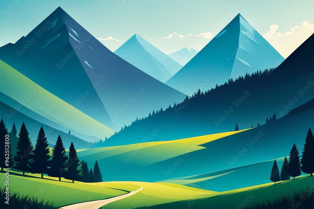 A winding road leads through a valley towards snow-capped mountains under a blue sky. A winding road leads through a valley towards snow-capped mountains under a blue sky.