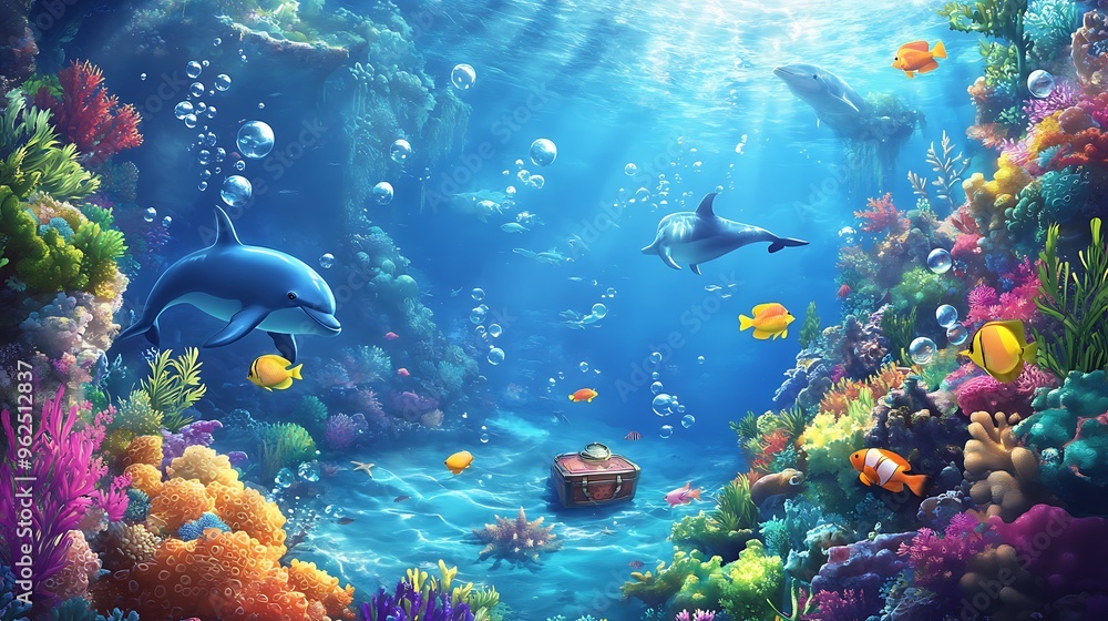 Naklejka premium Underwater Paradise Dolphins Coral Reef Tropical Fish