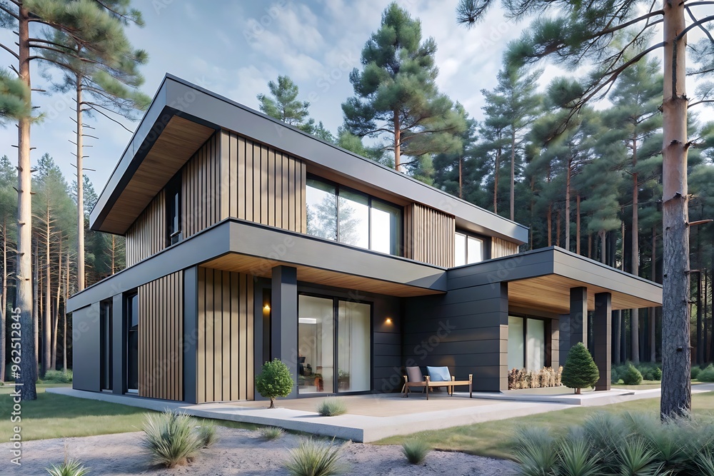 Fototapeta premium Visualization of a modern private house in the forest, Modern Minimalist Family Villa, cozy home. luxury real estate residential building concept.