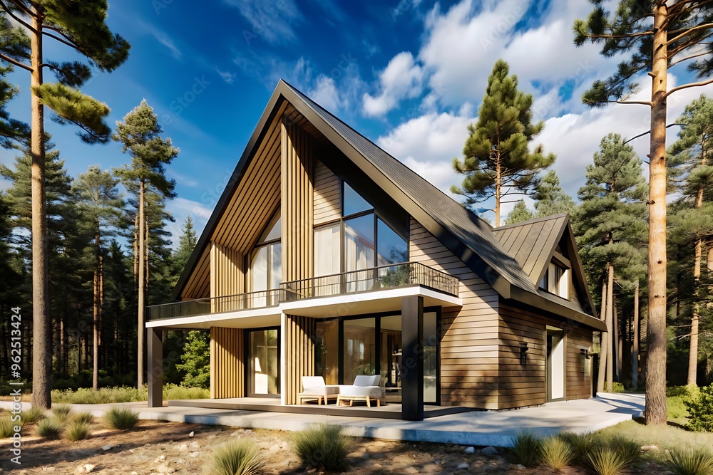 Fototapeta premium Visualization of a modern private house in the forest, Modern Minimalist Family Villa, cozy home. luxury real estate residential building concept.