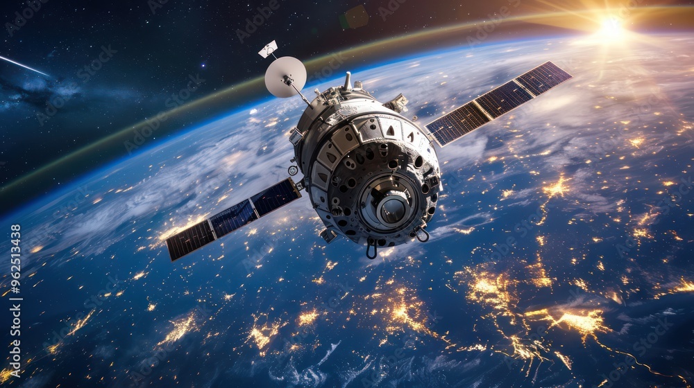 Fototapeta premium Spacecraft Orbiting Earth with City Lights and Rising Sun