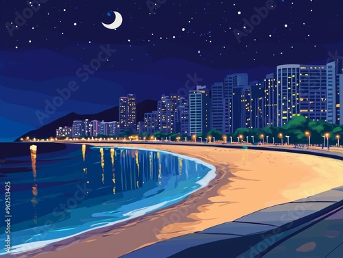 Nighttime Cityscape with Illuminated Haeundae Busan Beachfront